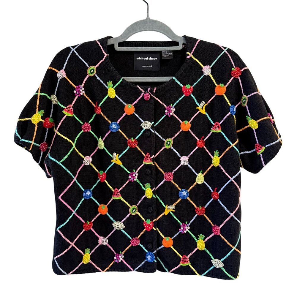 Michael Simon Black Knit Cardigan Beaded Fruit Lattice Design Short Sleeve L